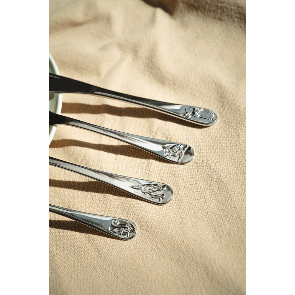 Posate per bambini con incisione del nome, motivo: animali dello zoo, 4 pezzi (tutti e 4 con nome inciso), in acciaio inox, con bella scritta