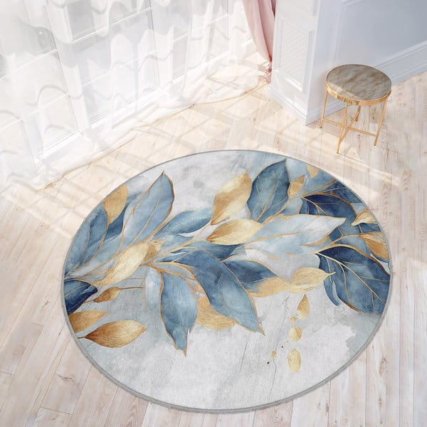 Tappeto rotondo blu/dorato lavabile ø 80 cm Golden Leaves – Mila Home-image-3