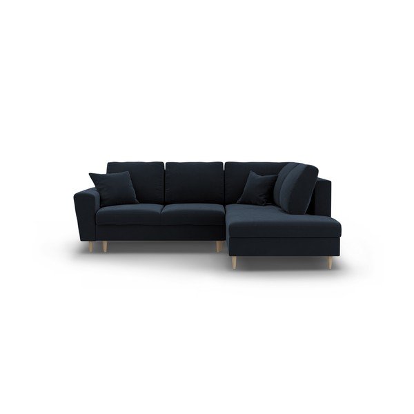 Divano angolare blu scuro allungabile e con contenitore (con penisola a destra/a L) con rivestimento in velluto Kyoto – Cosmopolitan Design