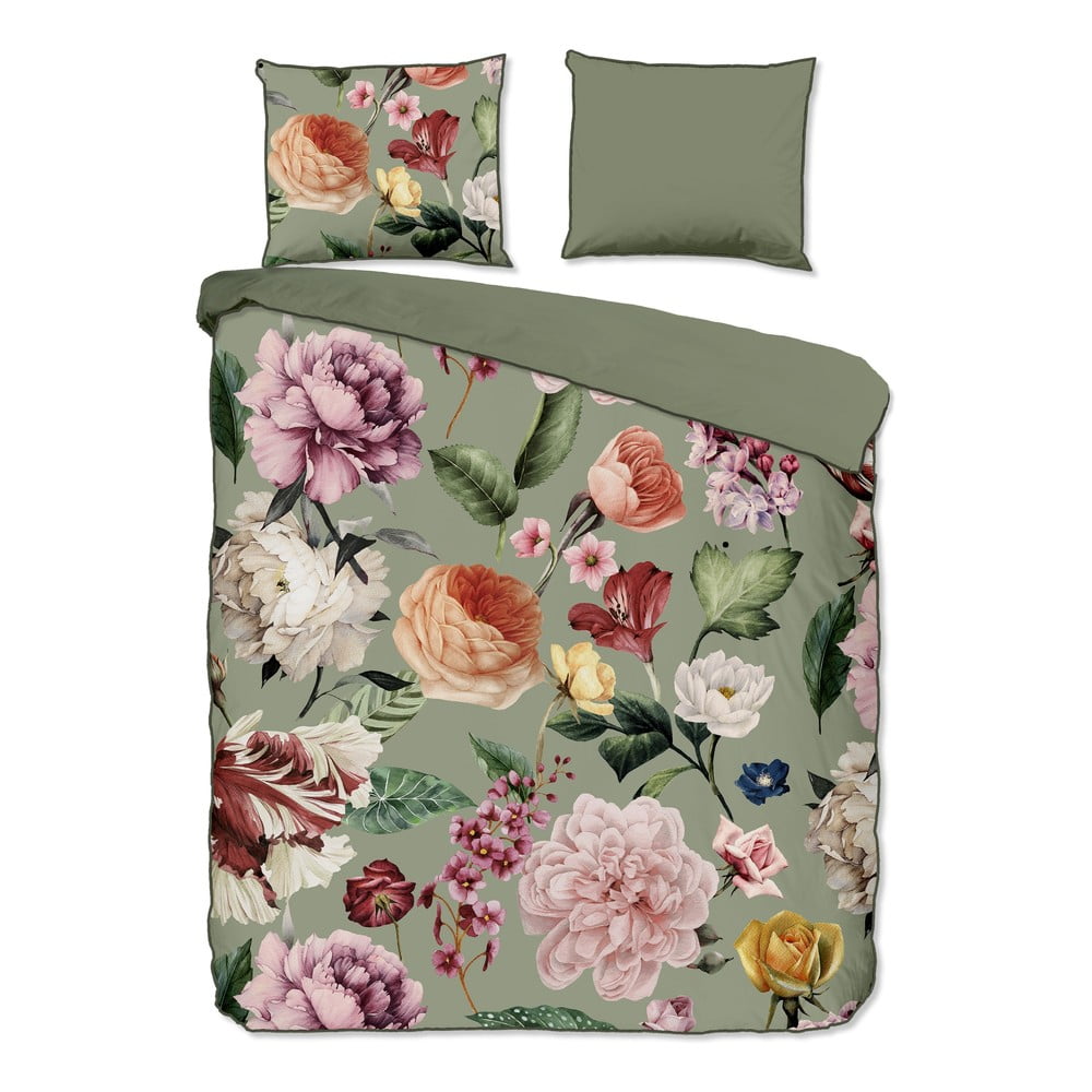 Set copripiumino e federa verde in raso di cotone per letto matrimoniale ed esteso 200x220 cm Fiori – Descanso | Biancheria da letto