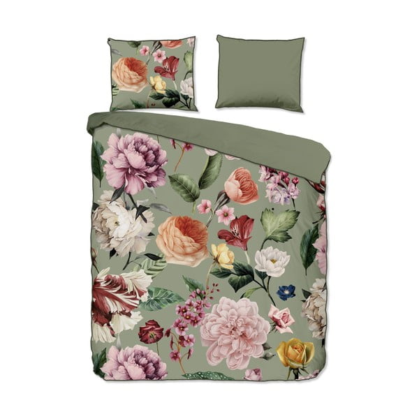 Set copripiumino e federa verde in raso di cotone per letto matrimoniale ed esteso 200x220 cm Fiori – Descanso