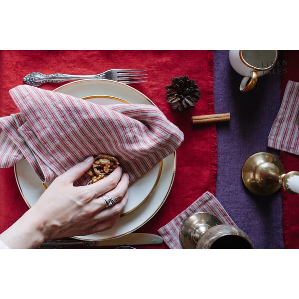 Sottobicchieri di colore rosso-naturale in set di 4 pezzi Red Natural Stripes - Linen Tales-image-3