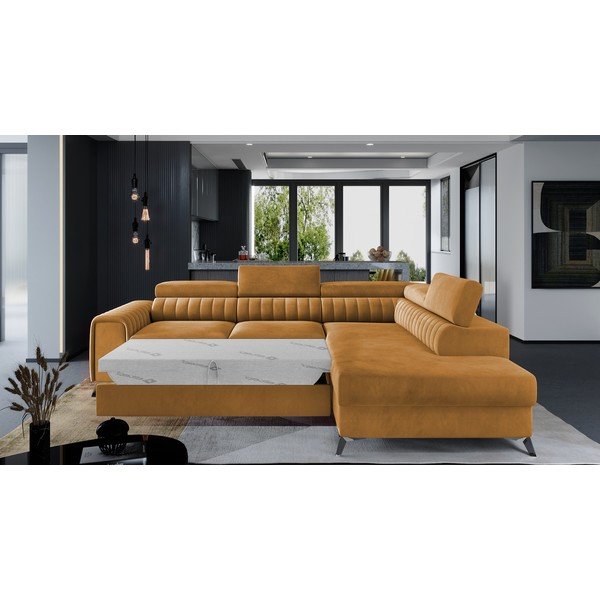 Divano angolare giallo allungabile/con contenitore (con penisola a destra/a L) e rivestimento in velluto Laurence – ELTAP-image-2