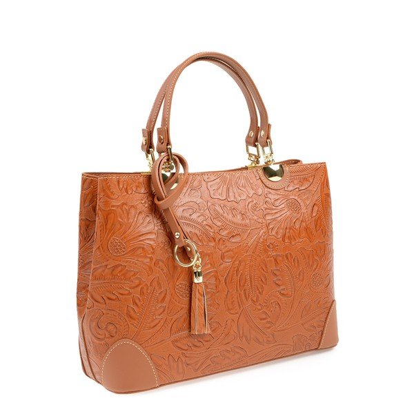 Borsa in pelle marrone cognac Floral - Carla Ferreri-image-2