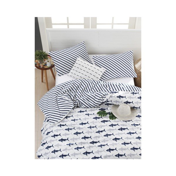 Lenzuolo matrimoniale con biancheria da letto in cotone ranforce Blu scuro e bianco, 200 x 220 cm Shark - Mijolnir