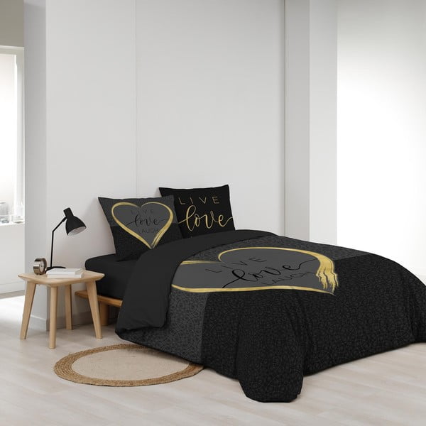 Set copripiumino e federa nero in cotone per letto matrimoniale 200x200 cm Crazy Love – douceur d'intérieur-image-1
