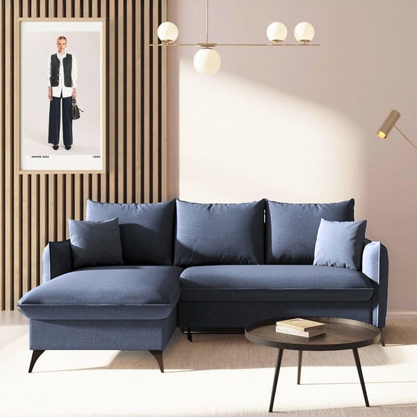 Divano angolare blu allungabile e con contenitore (con penisola a sinistra e chaise lounge) Brim – Rodier-image-1