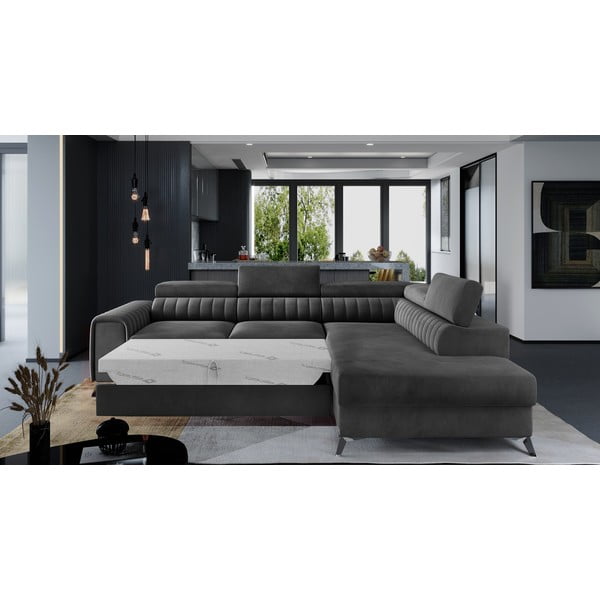 Divano angolare grigio scuro allungabile/con contenitore (con penisola a destra/a L) e rivestimento in velluto Laurence – ELTAP-image-2