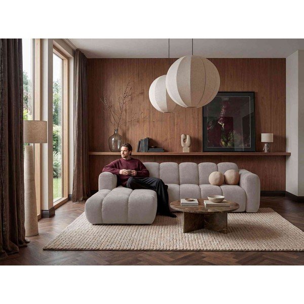Divano angolare beige allungabile (con penisola a sinistra) con rivestimento in ciniglia Michell – Miuform-image-4