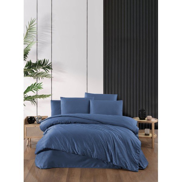 Set copripiumino e federa blu in tessuto damascato per letto matrimoniale/esteso con lenzuolo incluso 4 pz 200x220 cm – Mila Home