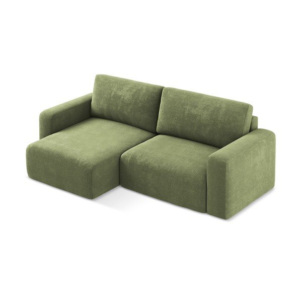 Divano angolare verde allungabile/con contenitore (con penisola a sinistra/con chaise lounge) con rivestimento in ciniglia Kona – Makamii-image-3
