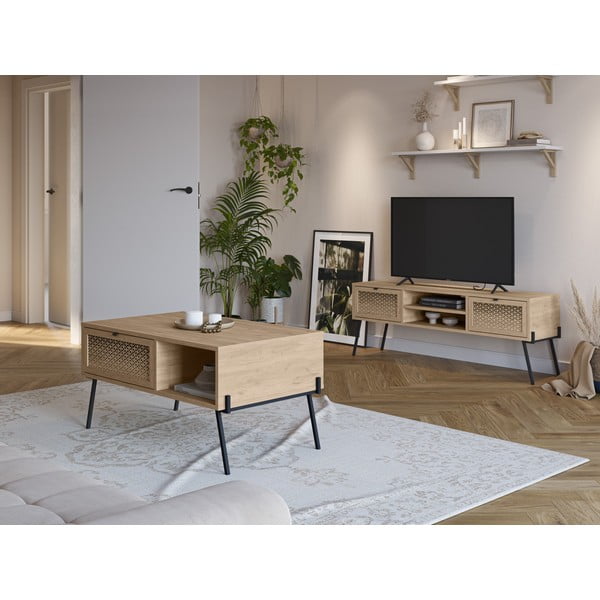 Tavolino in rovere decorato in colore naturale 60x100 cm Ecrin - Marckeric-image-1