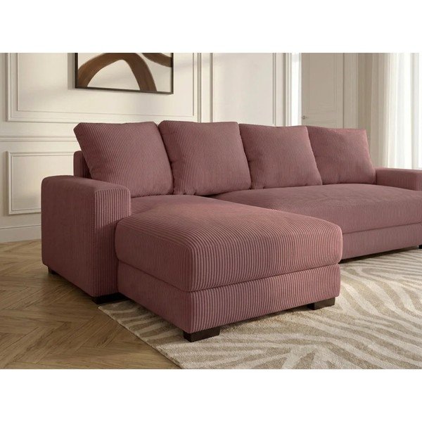 Divano angolare rosa allungabile/con contenitore (con penisola a sinistra/con chaise lounge) con rivestimento in velluto a coste Campi – Bobochic Paris-image-4