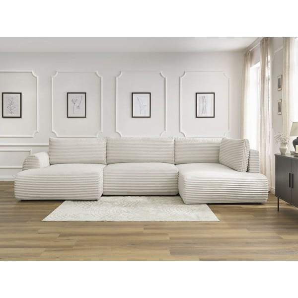 Divano angolare color crema allungabile/con contenitore (con penisola a destra/a U) con rivestimento in velluto a coste Lucien – Bobochic Paris-image-1