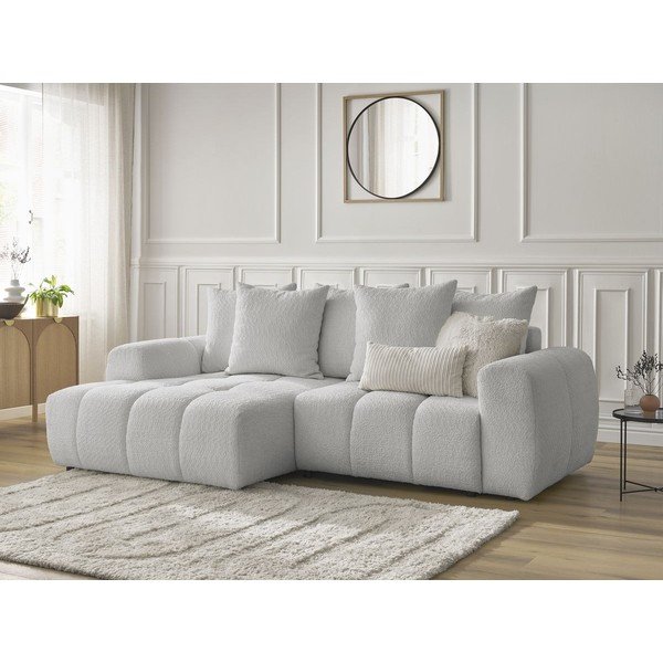 Divano angolare grigio chiaro allungabile/con contenitore (con penisola a sinistra/con chaise lounge) con rivestimento in bouclé Roxelane – Bobochic Paris-image-3