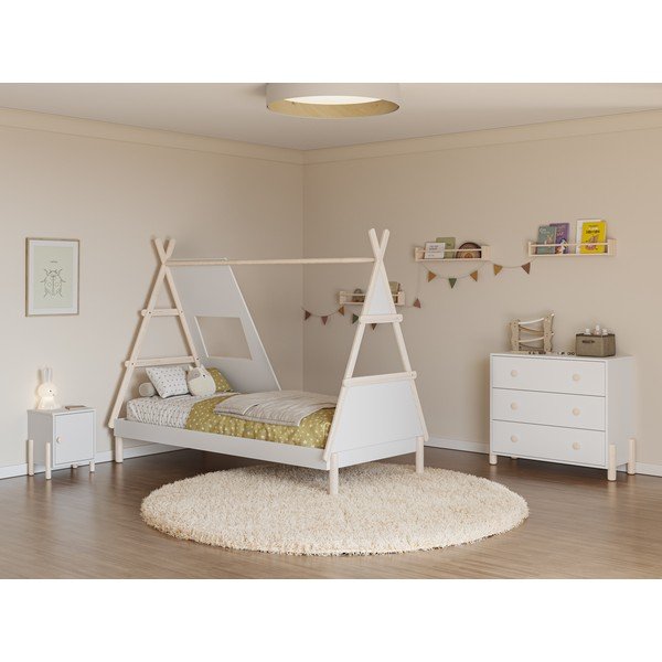Letto da bambini a forma di casa color crema in pino massiccio con rete inclusa 90x200 cm Enola – Marckeric-image-1