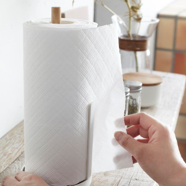 Porta rotolo di carta bianca con dettaglio in faggio Tosca - YAMAZAKI-image-1