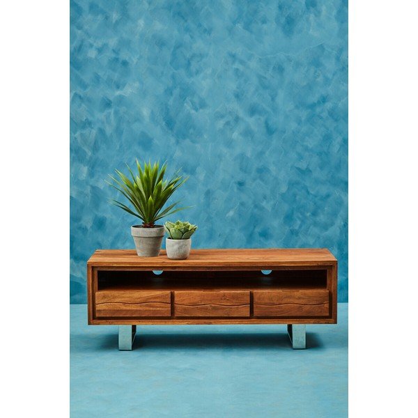 Mobile TV colore naturale scuro in acacia massiccia 140x52x50 cm Simla – Premier Housewares-image-1