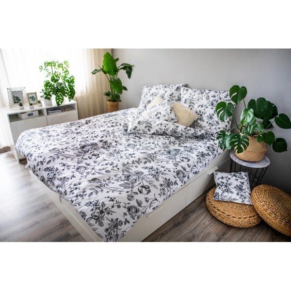 Biancheria da letto in cotone sateen bianco e nero Fiore, 140 x 200 cm Ema - Cotton House