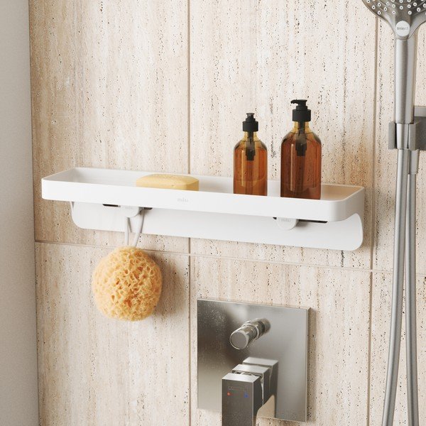 Mensola da bagno autoportante bianca in plastica riciclata Flex Adhesive - Umbra-image-3