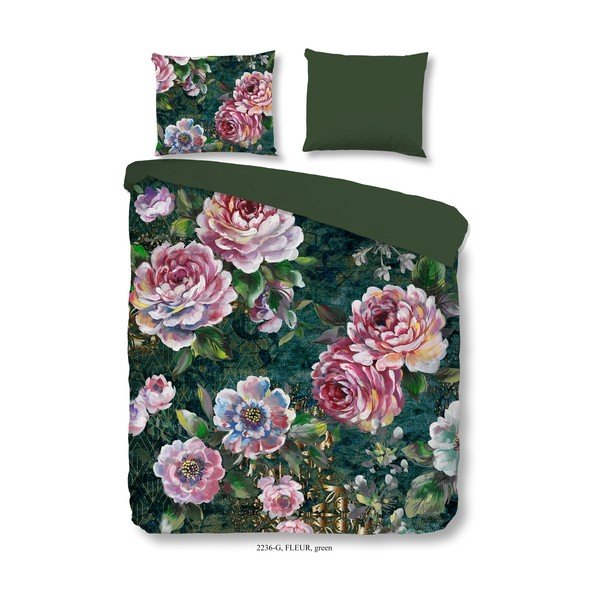 Set copripiumino e federa verde in cotone per letto singolo ed esteso 140x220 cm Fleur – Good Morning