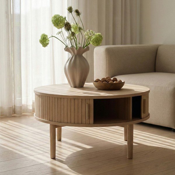 Tavolino da salotto rotondo colore naturale chiaro con effetto rovere ø 85 cm Meta – Unique Furniture-image-1
