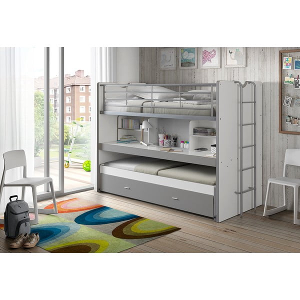 Letto da bambini a castello/estraibile bianco/grigio con contenitore/con scrivania con rete inclusa 90x200 cm Bonny – Vipack-image-1