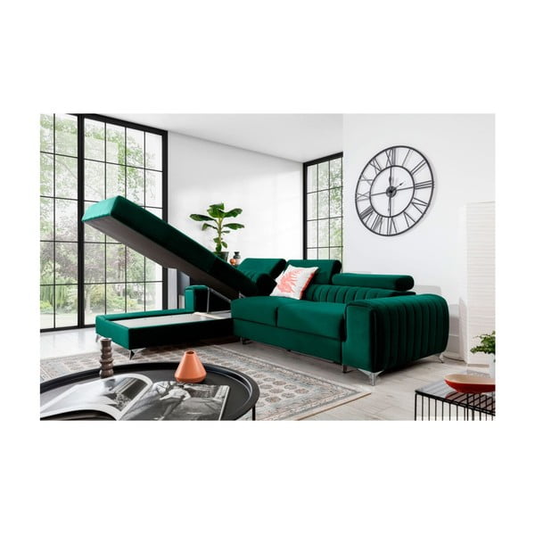 Divano angolare verde allungabile/con contenitore (con penisola a sinistra/con chaise lounge) e rivestimento in velluto Grayson – ELTAP-image-3