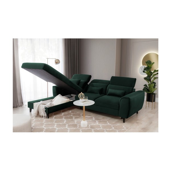Divano angolare verde scuro allungabile/con contenitore (con penisola a sinistra/con chaise lounge) e rivestimento in velluto Foble – ELTAP-image-4