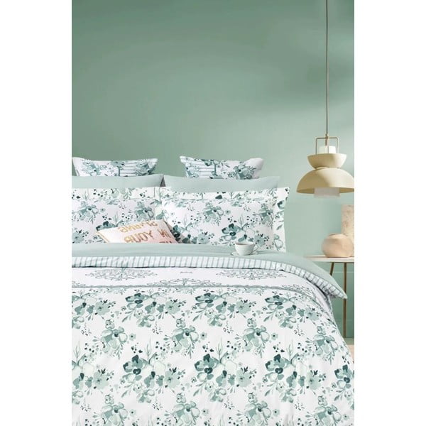 Biancheria da letto bianca/verde in cotone renforcé per letto matrimoniale/per letto esteso con lenzuolo incluso/4 pezzi 200x220 cm – Mila Home