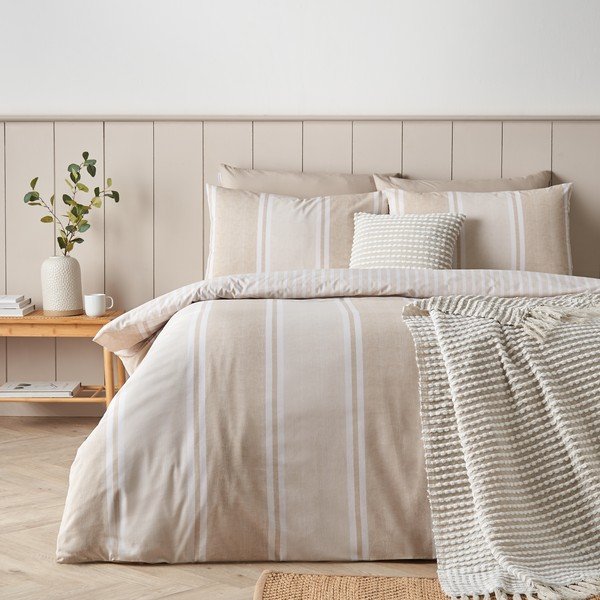 Set copripiumino e federa beige per letto singolo 135x200 cm Banded Stripe – Catherine Lansfield-image-1