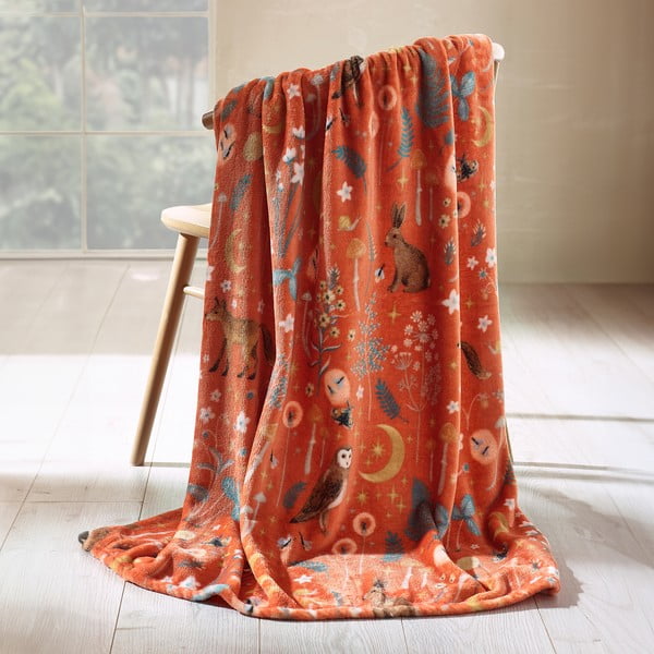 Coperta arancione in micropile 130x170 cm Enchanted Twilight Animals – Catherine Lansfield-image-1