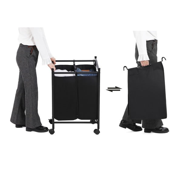 Cesto nero con ruote e 2 segmenti per il bucato - Songmics-image-3