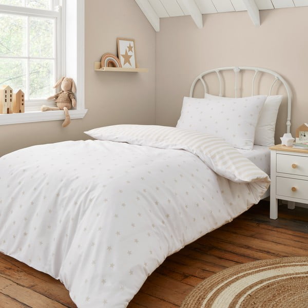 Set copripiumino e federa da bambini bianco e beige in cotone per letto singolo 135x200 cm Mini Star & Stripes – Bianca-image-1