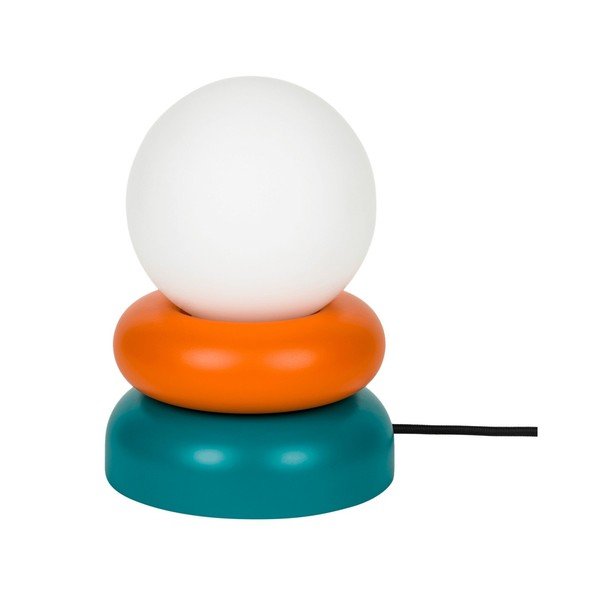 Lampada da tavolo color petrolio/arancione in legno massiccio con paralume in vetro (altezza totale 24 cm) Otem – noo.ma