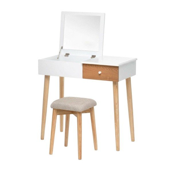 Tavolino da toilette bianco con specchio, portagioie e sgabello Beauty - Bonami Essentials