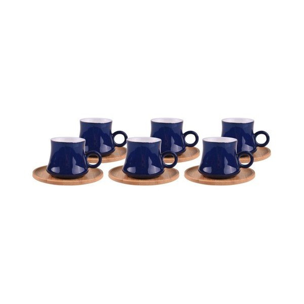 Sada 6 modrých porcelánových hrnků s bambusovými podtácky Bambum Harem
