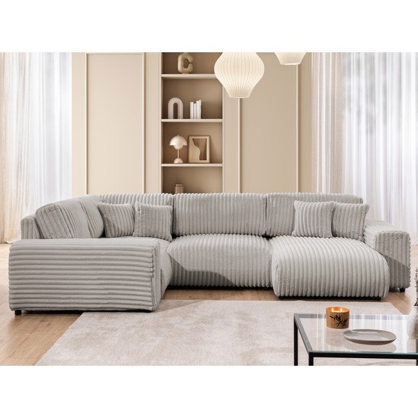Divano angolare grigio chiaro (con penisola a sinistra/a U) rivestito in velluto a coste Justin – Ropez-image-1