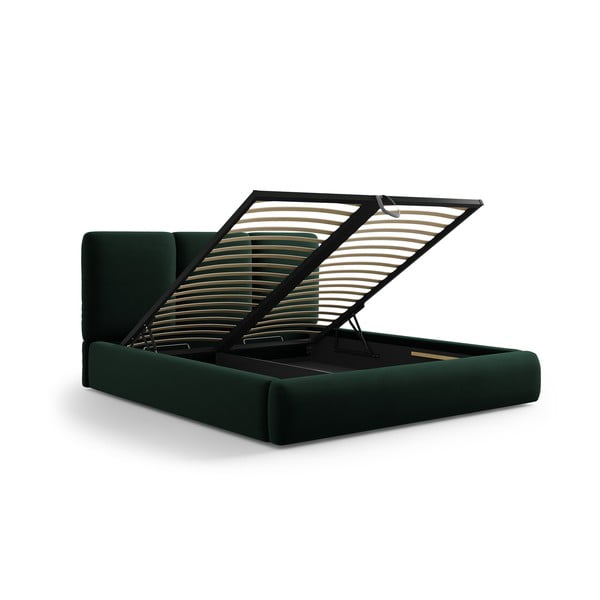 Letto matrimoniale imbottito in verde scuro in velluto con contenitore con rete inclusa 160x200 cm Brody – Mazzini Beds-image-3