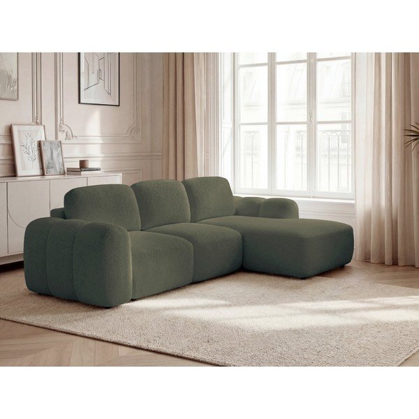 Divano angolare verde allungabile/con contenitore (con penisola a destra/con chaise lounge) con rivestimento in bouclé Montaigne – Bobochic Paris-image-1