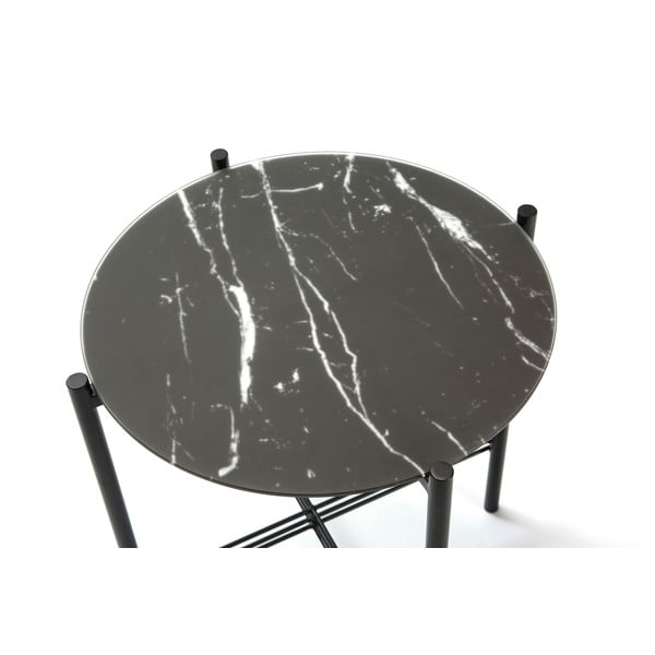 Tavolino nero con piano in vetro con decoro in marmo , ø 47 cm Kendall - Marckeric-image-3
