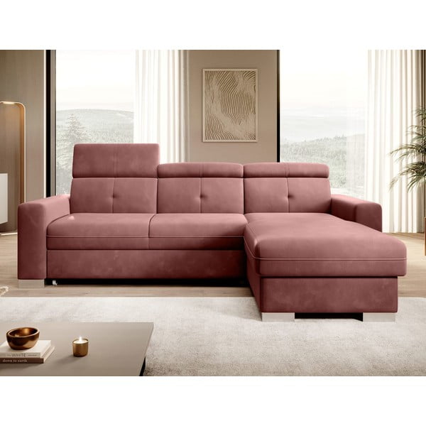 Divano angolare rosa allungabile/con contenitore (con penisola a destra/con chaise lounge) e rivestimento in velluto Fresia – ELTAP-image-1