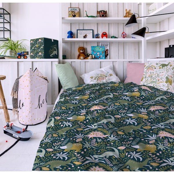 Biancheria da letto in cotone sateen verde scuro Fox Friendly Dinosaurus, 140 x 200 cm Friendly Dinasaurs - Butter Kings-image-1