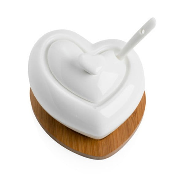 Zuccheriera in porcellana con cucchiaio e sottobicchiere in bambù Cuore - Brandani-image-2