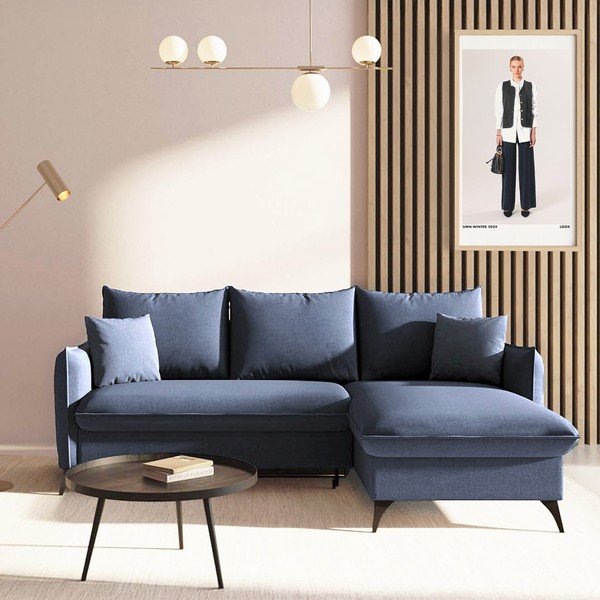 Divano angolare blu allungabile e con contenitore (con penisola a destra e chaise lounge) Brim – Rodier-image-1