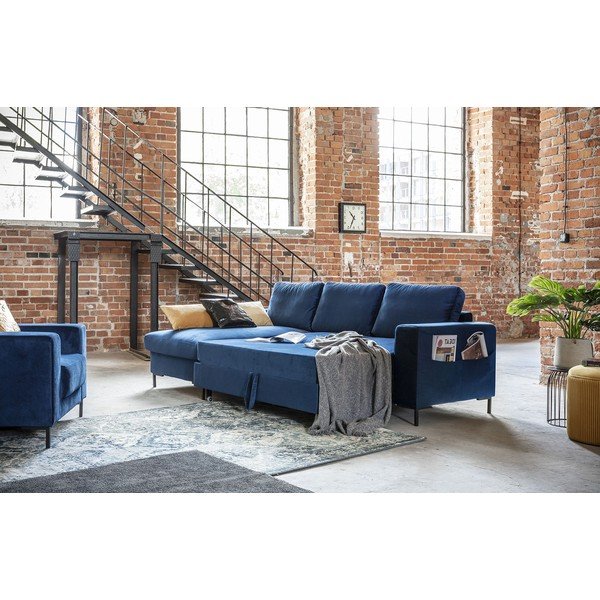 Divano letto angolare in velluto blu navy, angolo sinistro Lofty Lilly - Miuform-image-4