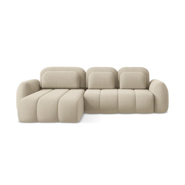 Divano angolare marrone chiaro allungabile/con contenitore (con penisola a sinistra/con chaise lounge) con rivestimento in bouclé Pele – Makamii