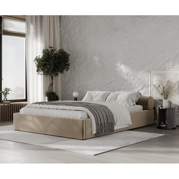 Letto matrimoniale imbottito marrone chiaro con contenitore e rete inclusi 140x200 cm Solvo – Maison de Rêve-image-1