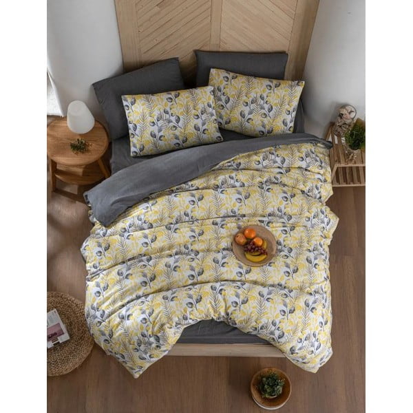 Biancheria da letto gialla/grigia per letto matrimoniale/per letto prolungato con lenzuolo incluso/4 pz 200x220 cm Leaves – Mila Home-image-2