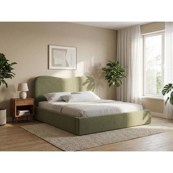 Letto matrimoniale imbottito verde con contenitore con rete inclusa 140x200 cm Kahai – Makamii-image-1